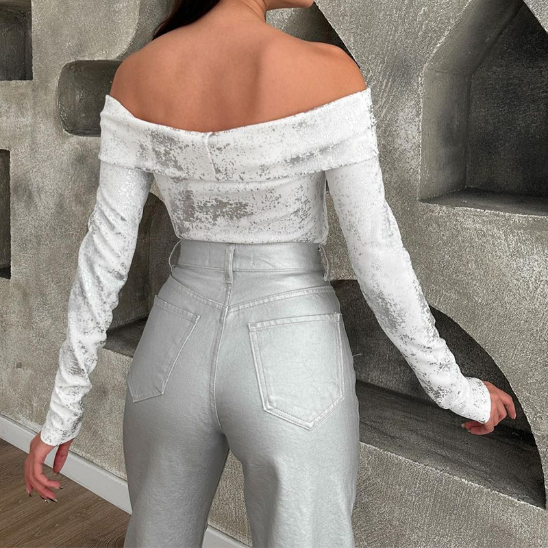 Ink-splashed print short collar slim fit top 28