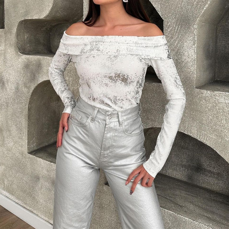 Ink-splashed print short collar slim fit top 28