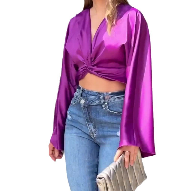 Women's V-neck knitted cross-design cropped versatile shirt 39