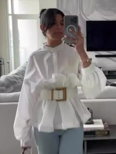 Women's round neck petal design casual sweet long sleeve shirt 40 02