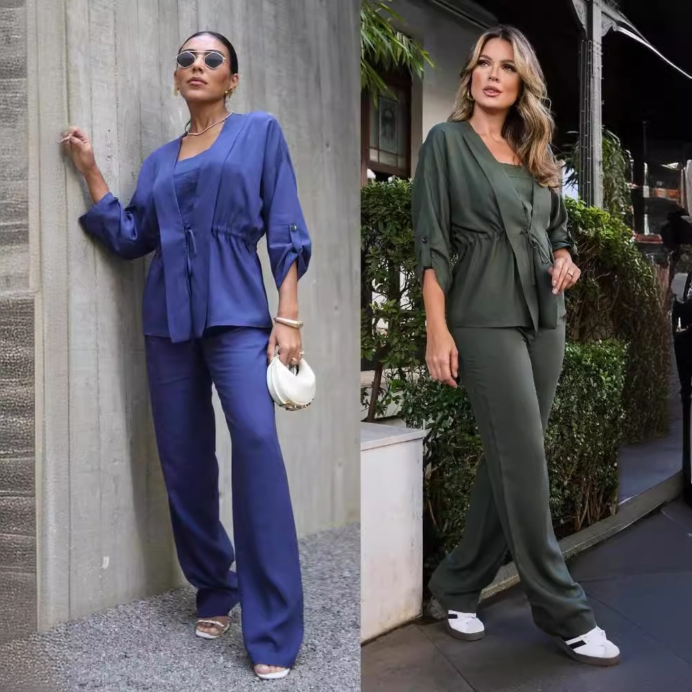 Solid color waist top casual pants two piece set 43 01