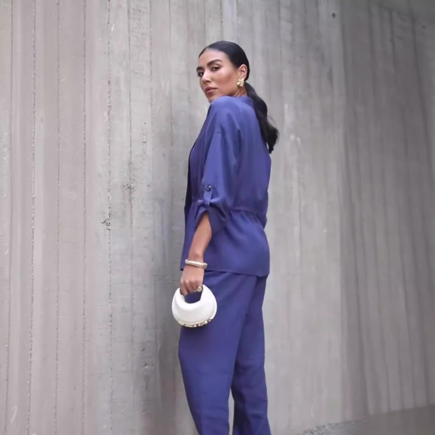 Solid color waist top casual pants two piece set 43 02