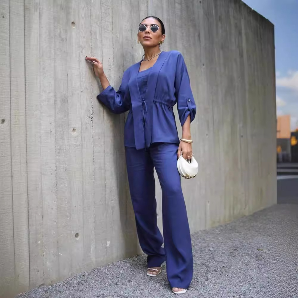 Solid color waist top casual pants two piece set 43