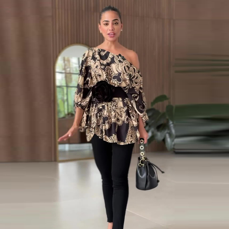 Printed oblique collar long sleeve loose casual women's top 44 01