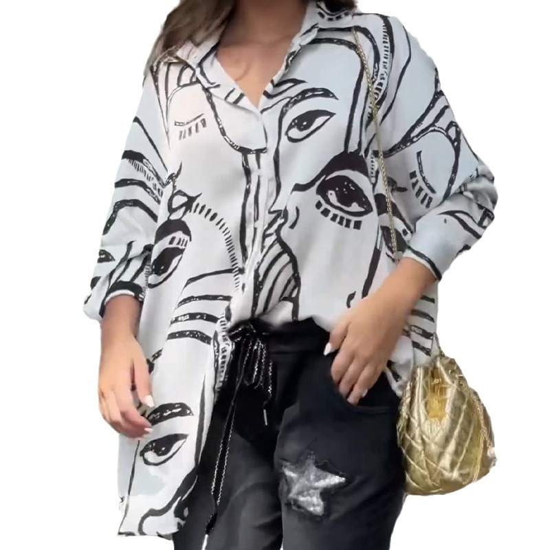 Niche Print Loose Casual Hooded Shirt Top 47