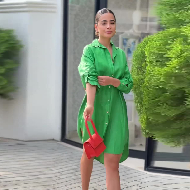 Printed casual long simple and comfortable shirt dress 48