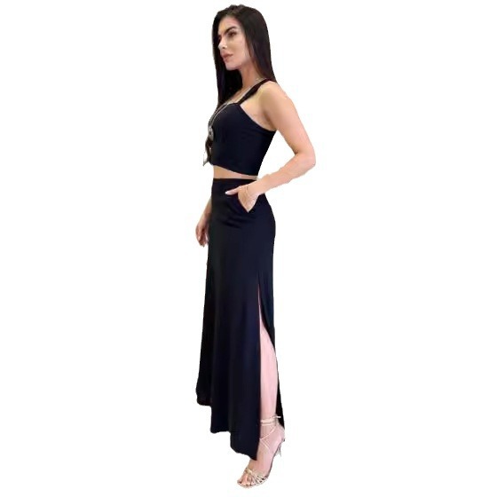 Women's Navel-Baring Camisole Top High Waisted Maxi Skirt Set 54