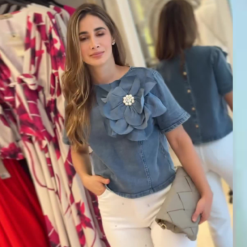 3D Applique Denim T-Shirt Cropped Top 58 01