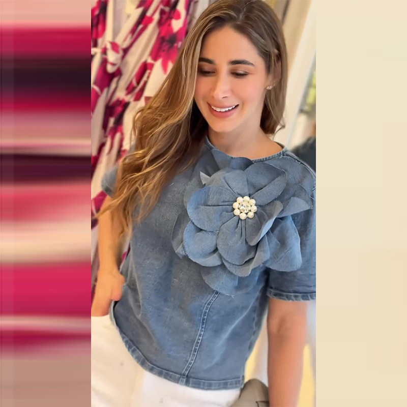 3D Applique Denim T-Shirt Cropped Top 58