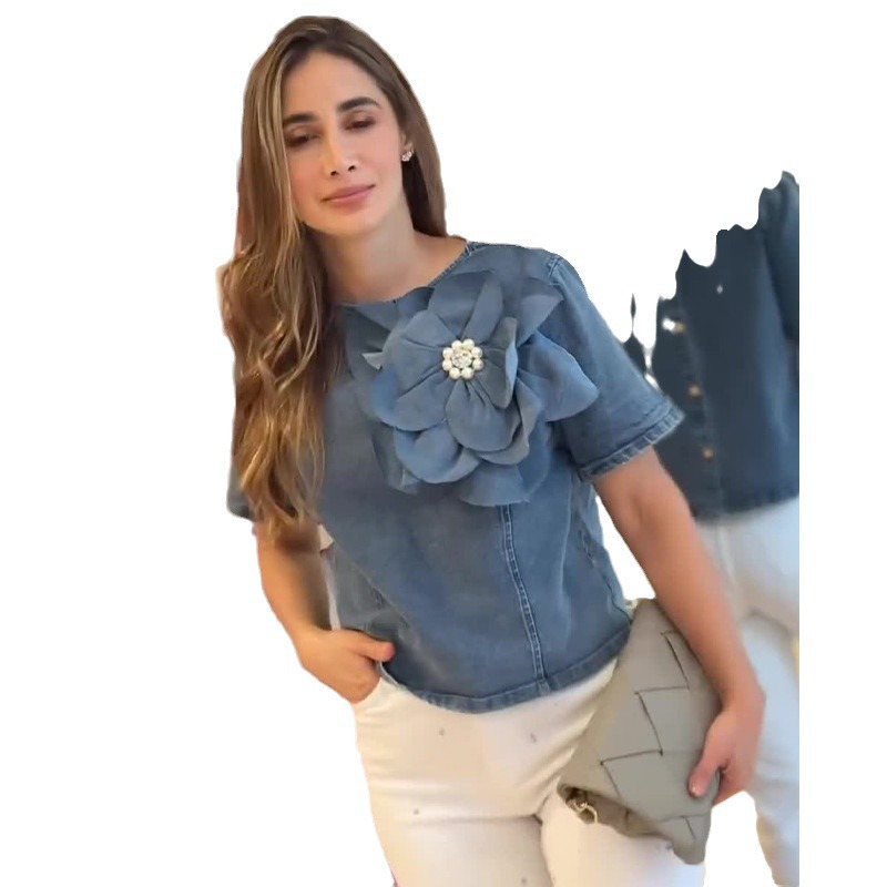 3D Applique Denim T-Shirt Cropped Top 58