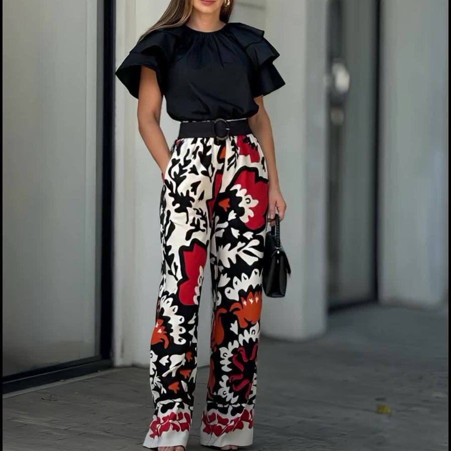Ruffled Round Neck Top Fashion Printed Pants Casual Set 60