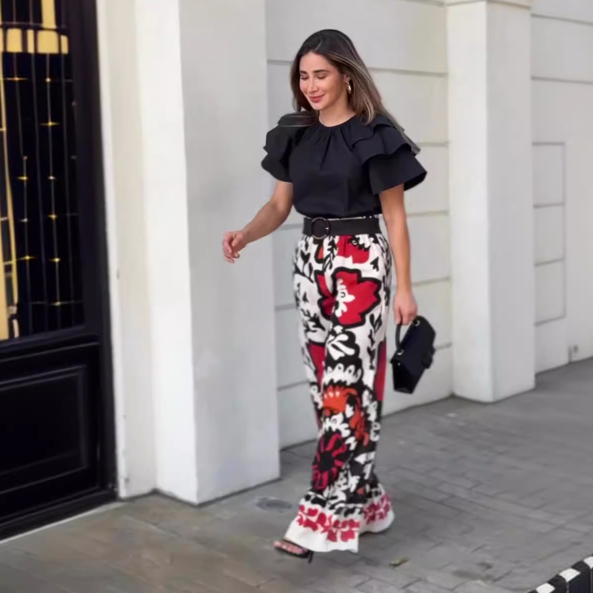 Ruffled Round Neck Top Fashion Printed Pants Casual Set 60 02