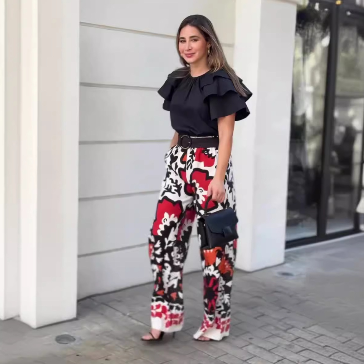Ruffled Round Neck Top Fashion Printed Pants Casual Set 60