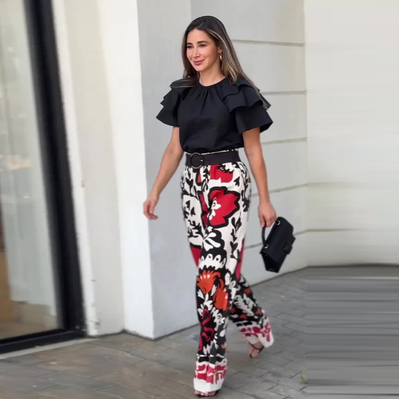 Ruffled Round Neck Top Fashion Printed Pants Casual Set 60