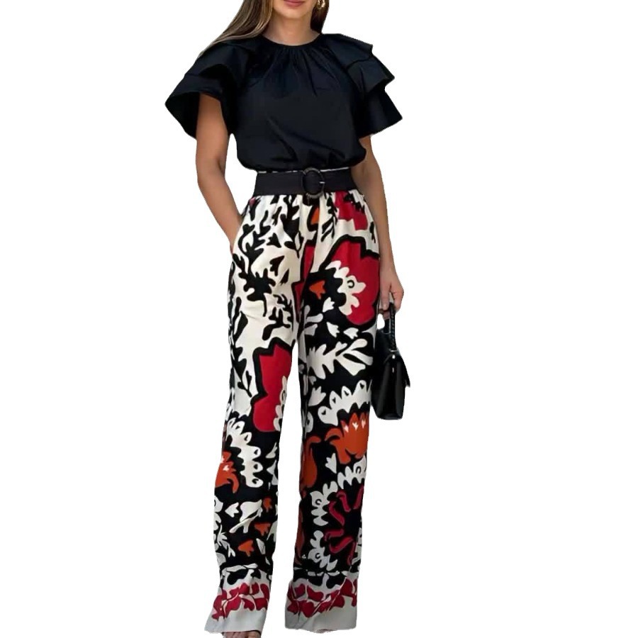 Ruffled Round Neck Top Fashion Printed Pants Casual Set 60