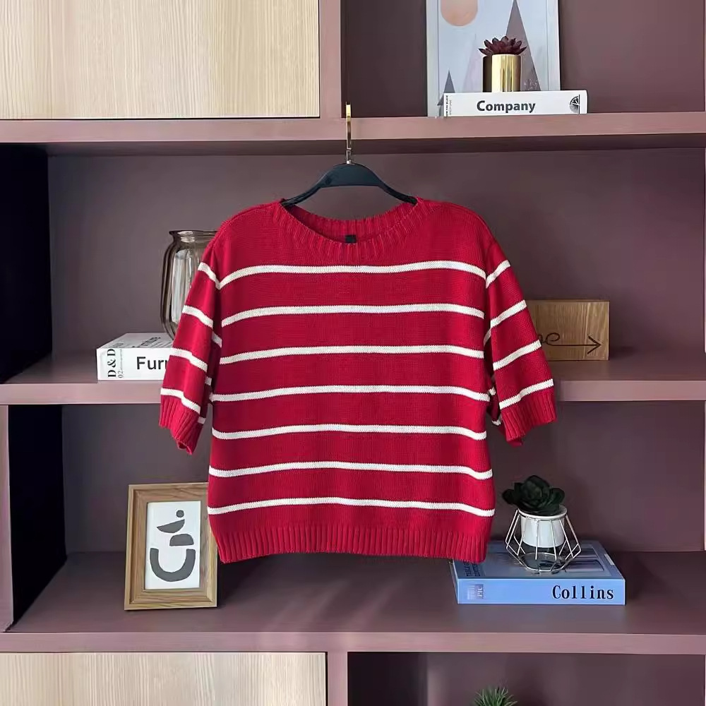 Fashion striped print round neck comfortable simple short top 50 01