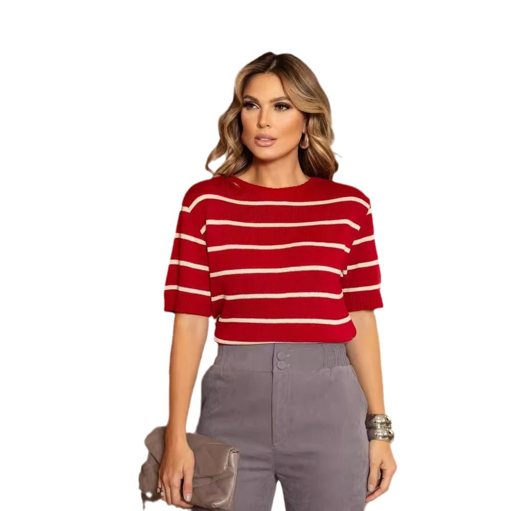 Fashion striped print round neck comfortable simple short top 50