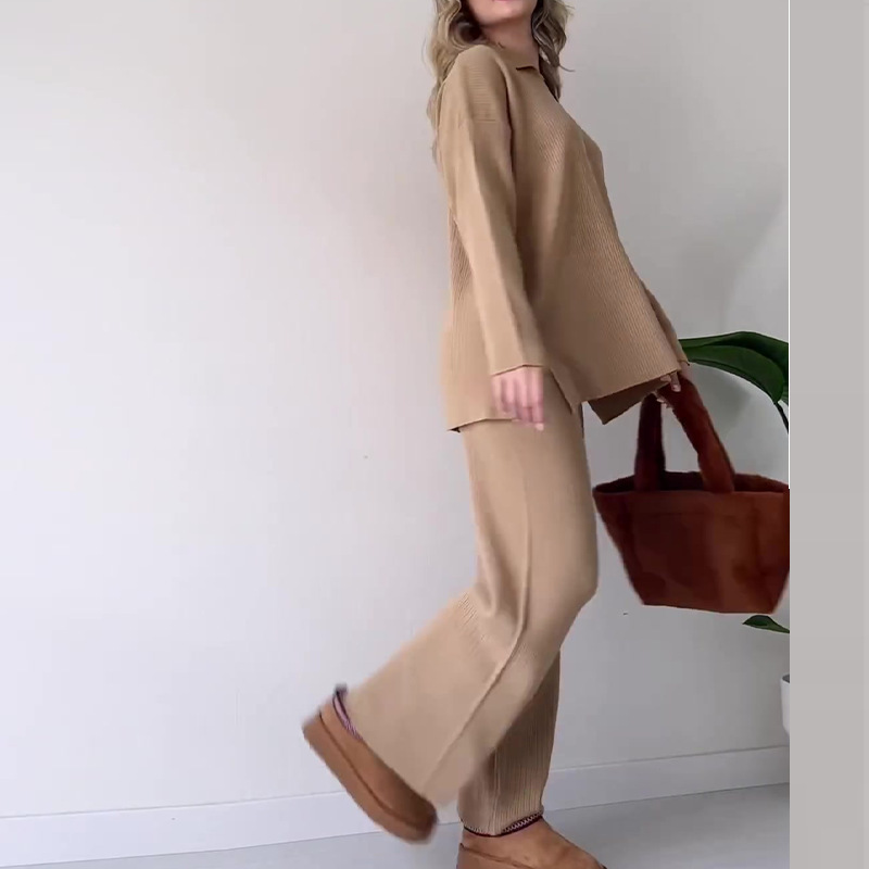 Fashion lapel loose casual sweater two-piece suit for women 9 02