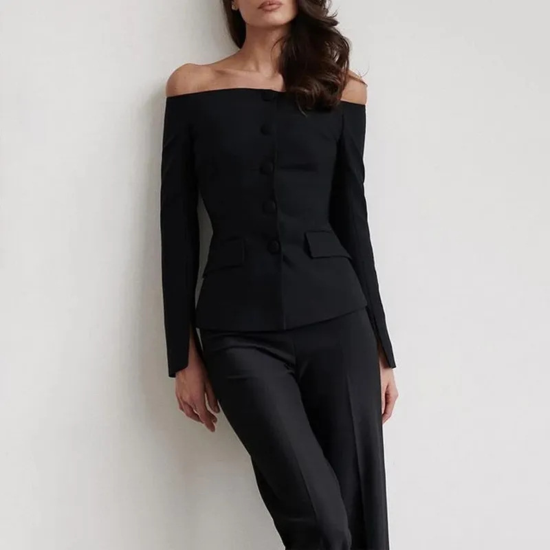 One shoulder button top slim fit commuter suit 10 02