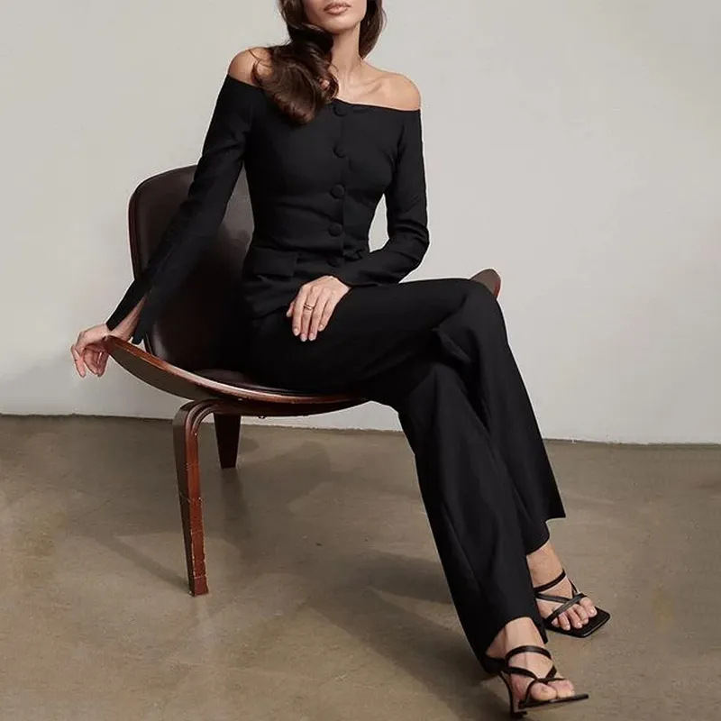 One shoulder button top slim fit commuter suit 10