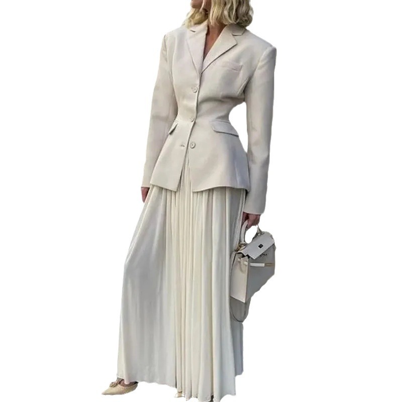Small lapel slim fit pleated long skirt suit 13