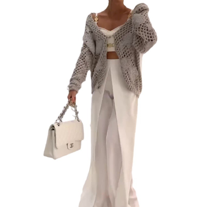 Solid color hollow knitted sweater fashionable long sleeve sweater 14