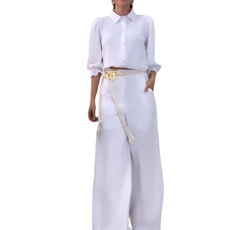 Women's elegant shirt commuting wide-leg pants suit 7