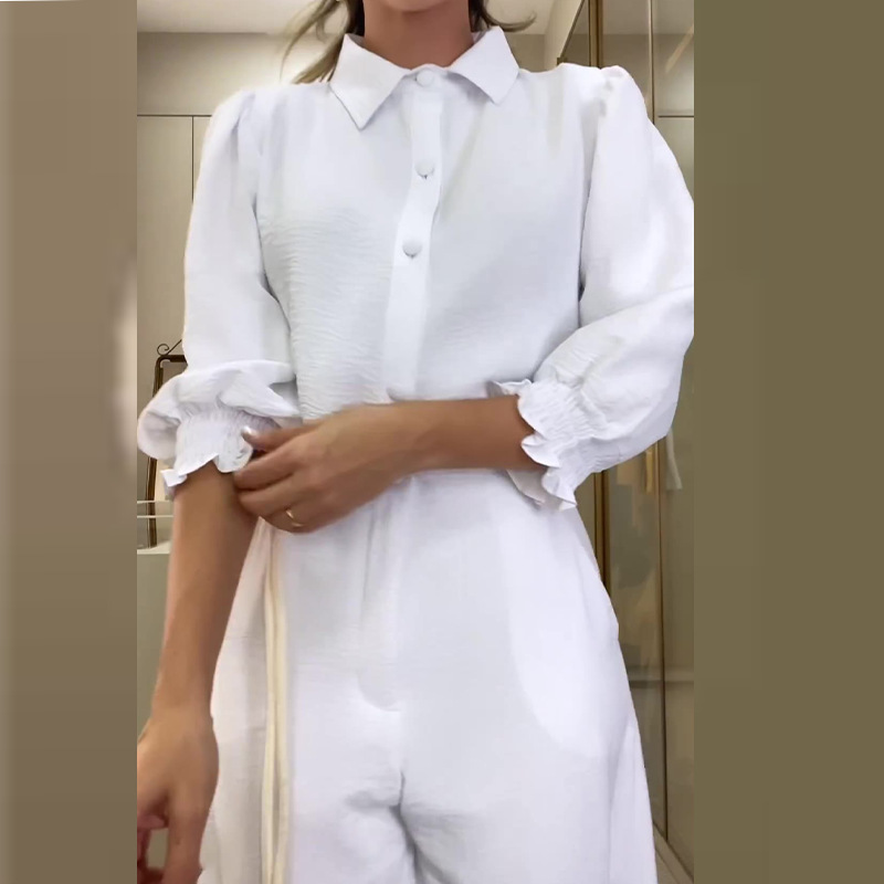 Women's elegant shirt commuting wide-leg pants suit 7 02